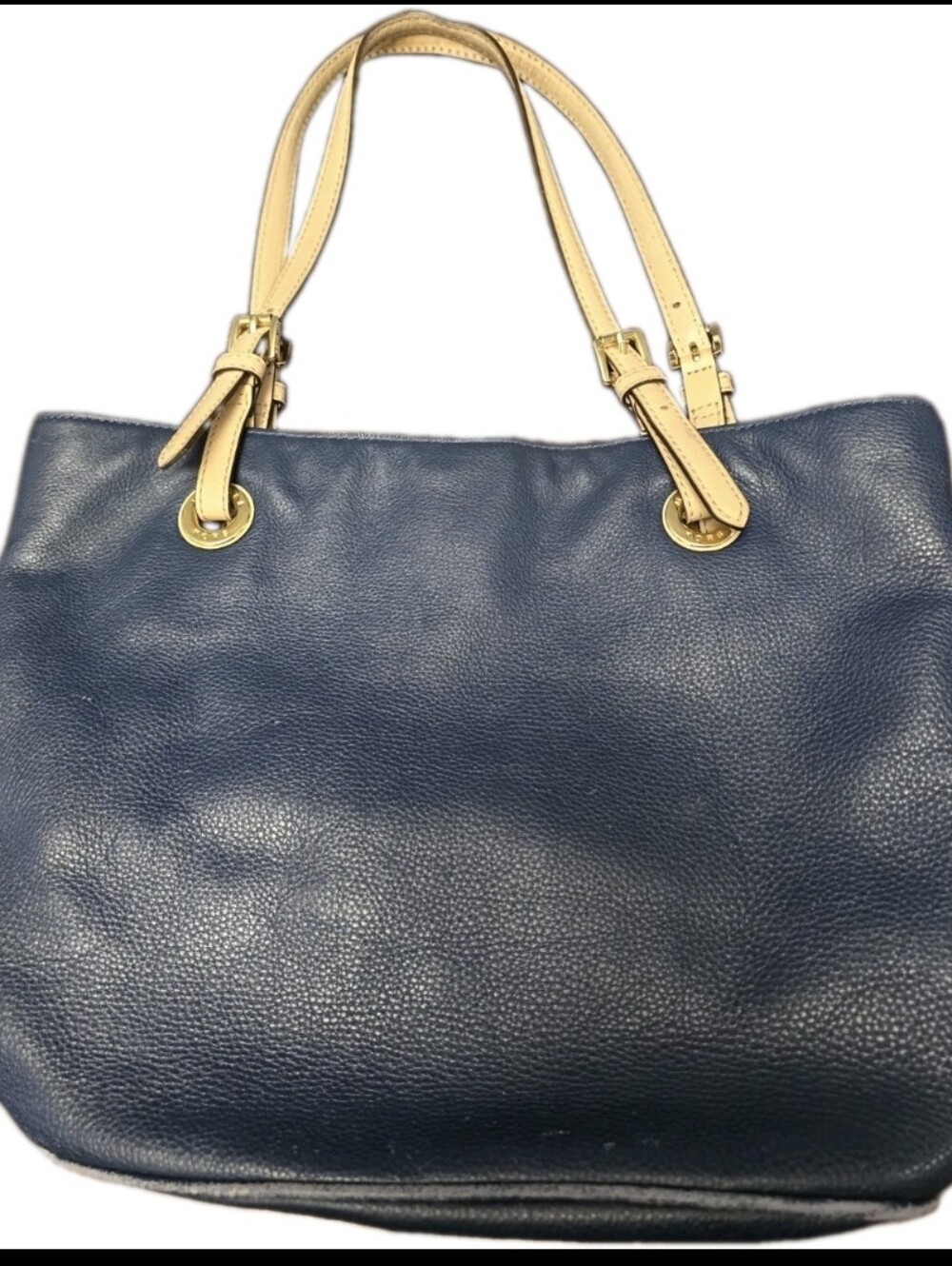Michael Kors Navy Blue Pebbled Leather Tote Bag Tan Straps Gold Hardware